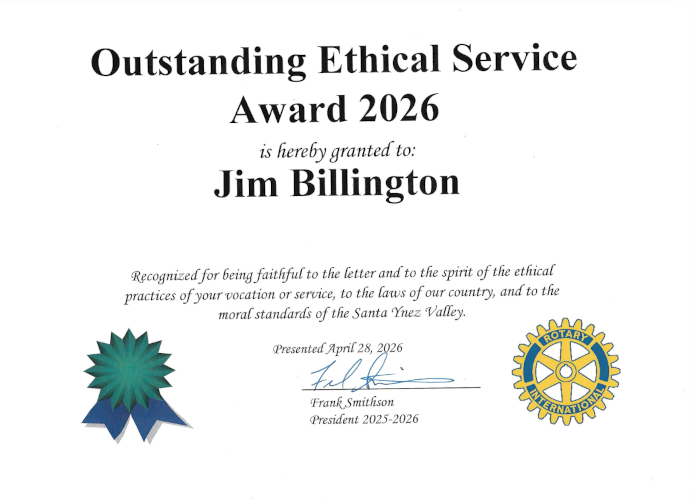 Santa Ynez Rotary International Ethical Service Award 2026 to Jim Billington